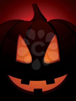 Halloween pumpkin with carved face on a red background