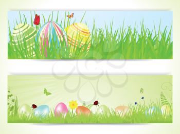 Easter banners with decorative and speckled easter eggs hidden in grass