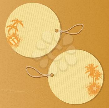 Circluar Labels with Palm Trees, Flip Flops and Starfish on a Brown Textued background