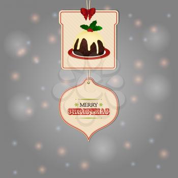 Christmas Gift Tags with Text and Pudding Over Gray Glowing Background