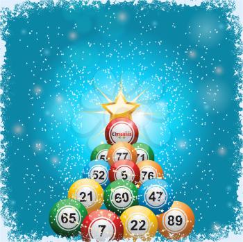 Bingo Lottery Balls Christmas Tree and Star Over Blue Background with Snow
