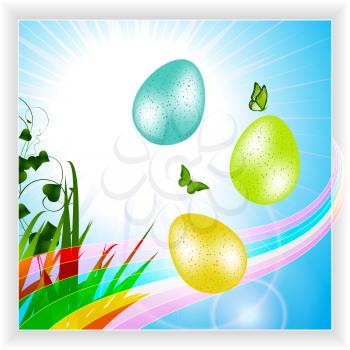 Easter Eggs and Butterfly Over Blue Sky with Rainbow and Green Grass Panel