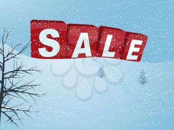 3D Illustration of Red Winter Sale Letters Over a Hill with Snow Footprint and Trees Background
