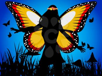 Fairy Queen Silhouette with Butterfly Wings and Flowers Crown Over Dark Blue Background
