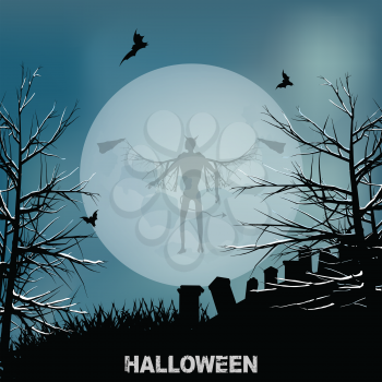 Halloween Background with Big Moon Graveyard Evil Angel Shadow and Decorative Text