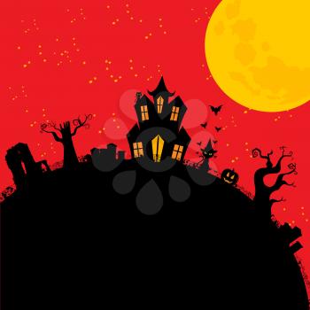 Halloween Red Background with Cartoons Style Creepy House and Cat 