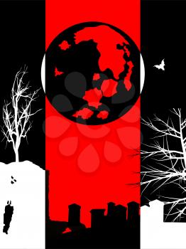 Halloween Black Background with Red Panel and Silhouette of cemetery creepy trees moon and bats
