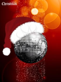 Merry Christmas Glowing Red Festive Background with Silver Disco Ball with Santa Hat snow and Decorative Text