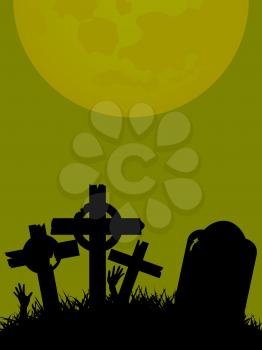 Halloween Green Background with Rotten Tombstone and Crosses in a Field with Zombie Hands and Moon