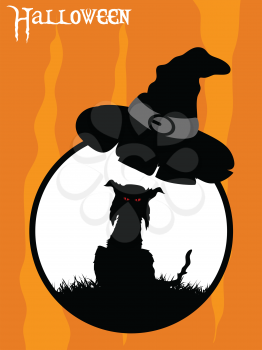 Black Silhouette Of a Spooky Cat With Red Eyes On Circular White Border With Witch Hat Over Orange and Yellow Background With Halloween Decorative Text