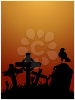 Creepy Halloween Red And Yellow Background With Graveyard Tombs Zombie Hands And Crow Black Silhouette