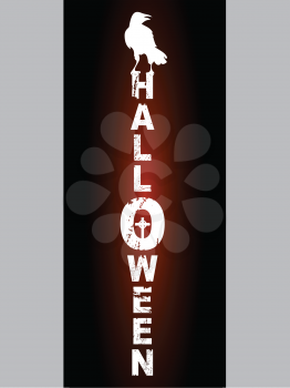 Halloween Vertical Black Panel With Glowing Decorative Grunge Text And Crow White Silhouette Over Grey Background