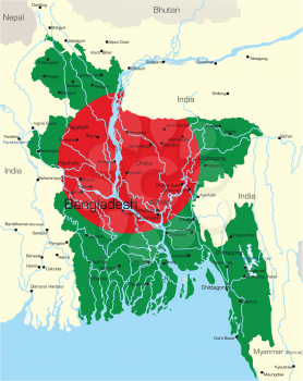 Royalty Free Clipart Image of a Map of Bangladesh With the Flag Painted on It