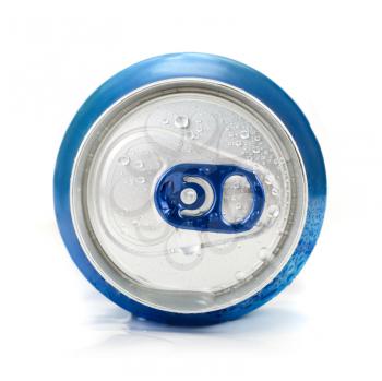 Blue aluminum can closeup with water drops on a white