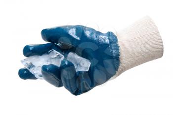Blue glove hold blocks of ice  isolate on white