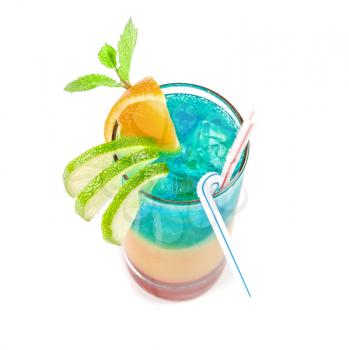 Alcoholic cocktail with lime, orange and mint decorated  isolated on white background
