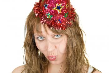 Royalty Free Photo of a Sad Woman Wearing a Party Hat