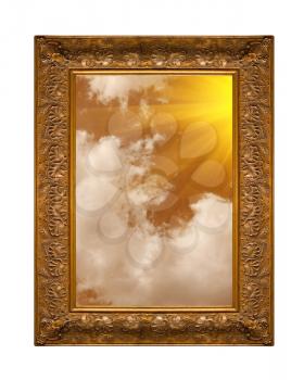 A photo of a wooden picture frame with the sky isolated on white

