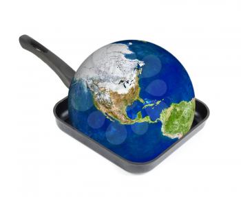 Global warming concept. Earth at the frying pan isolated on white
