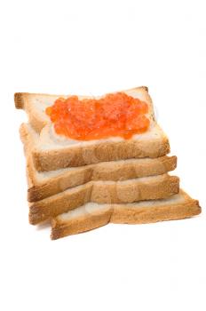 Bread and  red caviar on white background