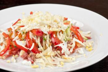 Salad from beef tongue, cervelat, chicken meat, fresh tomatoes, cucumbers, pepper, eggs, cheese and mayonnaise
