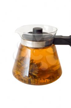 A glass teapot with Lotus Flower Chinese tea on white