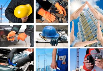 workers with equipment on building background sets