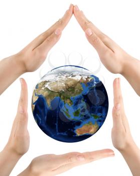 Hands and planet on white background. Elements of this image furnished by NASA.