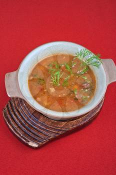 cabbage soup - tasty dish on red background