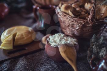 Organic domestic food: cheese , cottage cheese on rustic background
