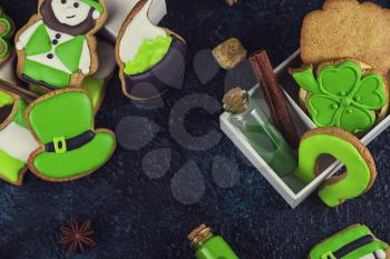 Homemade cookies for Patrick's day on concrete background