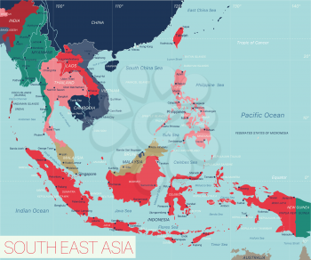 South East Asia region detailed editable map with countries cities and towns. Vector EPS-10 file