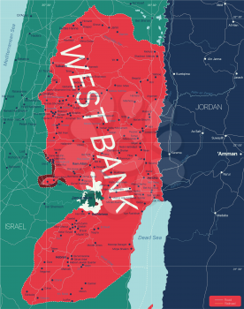 West Bank region country detailed editable map with countries capitals and cities. Vector EPS-10 file
