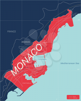 Monaco country detailed editable map with regions cities and towns, roads and railways, geographic sites. Vector EPS-10 file