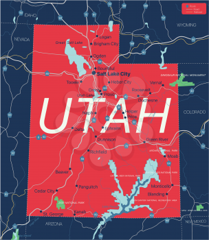 Utah state detailed editable map with cities and towns, geographic sites, roads, railways, interstates and U.S. highways. Vector EPS-10 file, trending color scheme