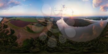 Full 360 equirectangular spherical panorama of Aerial view of Ob siberian river, in summer evening in Altai, drone shot. Virtual reality content