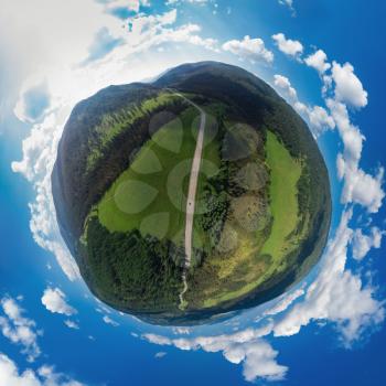 360 spherical panorama of aerial top vew of Chuysky trakt road in the Altai mountains. One of the most beautiful road in the world. Aerial drone shot. Virtual reality content