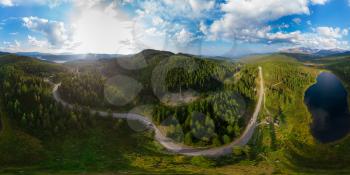 Full 360 equirectangular spherical panorama of the lake of Kidelyu near the Ulagan mountain pass, Altai Republic, Russia. Aerial drone view, virtual reality content.