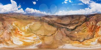 Full 360 equirectangular spherical panorama of eroded landform of Altai mountains. Nature landscape called Mars, Altai Republic, Russia, aerial drone shot, virtual reality content.