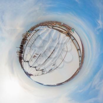 360 spherical panorama of aerial shot of bridge and car driving on the bridge, winter sunny day in Barnaul, Siberia, Russia