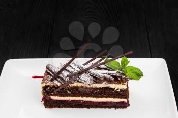 Plate with piece of delicious chocolate cake decorated with mint leaves