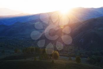 Beauty sunset in the mountains in Altay, panoramic picture