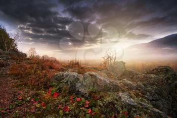 Misty sunrise in Altai mountains nature reserve. The beginning of autumn, September