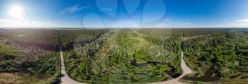 Full 360 equirectangular spherical panorama of aerial top vew with a beautiful landscape with a lake two roads, forest and river . Virtual reality content