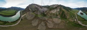 Full 360 equirectangular spherical panorama of beauty day in the mountains in Altay. Road, river and mountains. Aerial shot on drone. Virtual reality content