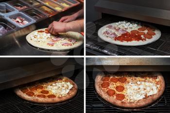 Set photos of making pizza at kitchen of pizzeria