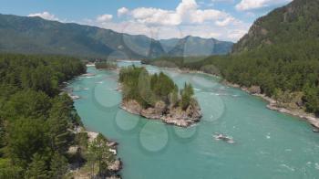 Aerial view of Katun river, in summer morning in Altai mountains, cinematic drone footage