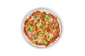 pizza with shrimp and broccoli isolated on white