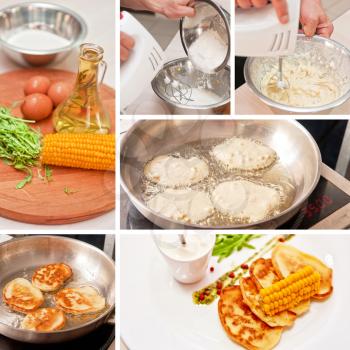 Cooking corn pancakes step by step, collage
