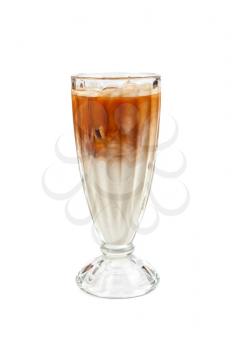 Iced latte coffee in glass on a white